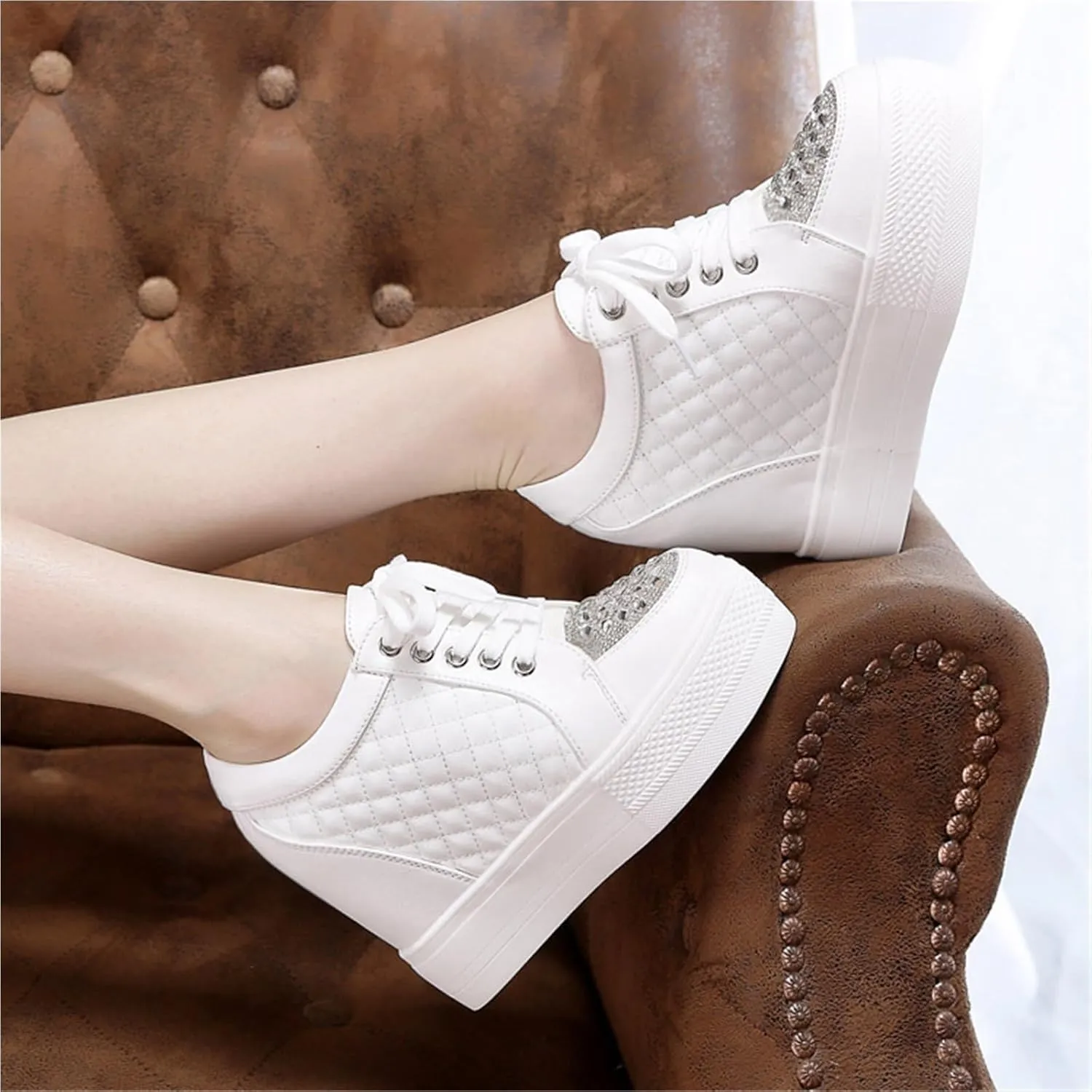 Women's White Hidden Heel Sneakers Fashion Rhinestone Ankle High Platform Wedges Bride Wedding Shoes for Girls/Ladies