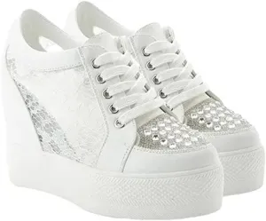 Women's White Hidden Heel Sneakers Fashion Rhinestone Ankle High Platform Wedges Bride Wedding Shoes for Girls/Ladies