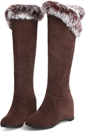Women's Winter Over The Knee Thigh High Snow Boots Stretch Thick Rabbit Fur Collar Warm Leather Waterproof Slip-on Hidden Wedge Boot