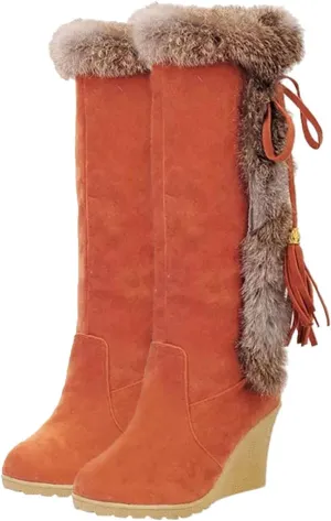 Women's Winter Warm Outdoor Mid Calf Boots High Heels Wedge Snow Bootie Faux Fur Comfortable Knee High Fuzzy Boots