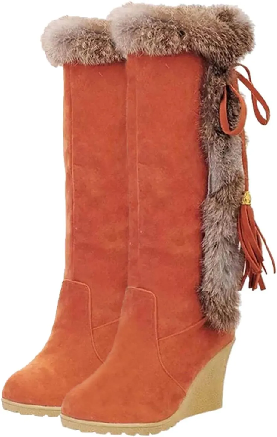 Women's Winter Warm Outdoor Mid Calf Boots High Heels Wedge Snow Bootie Faux Fur Comfortable Knee High Fuzzy Boots