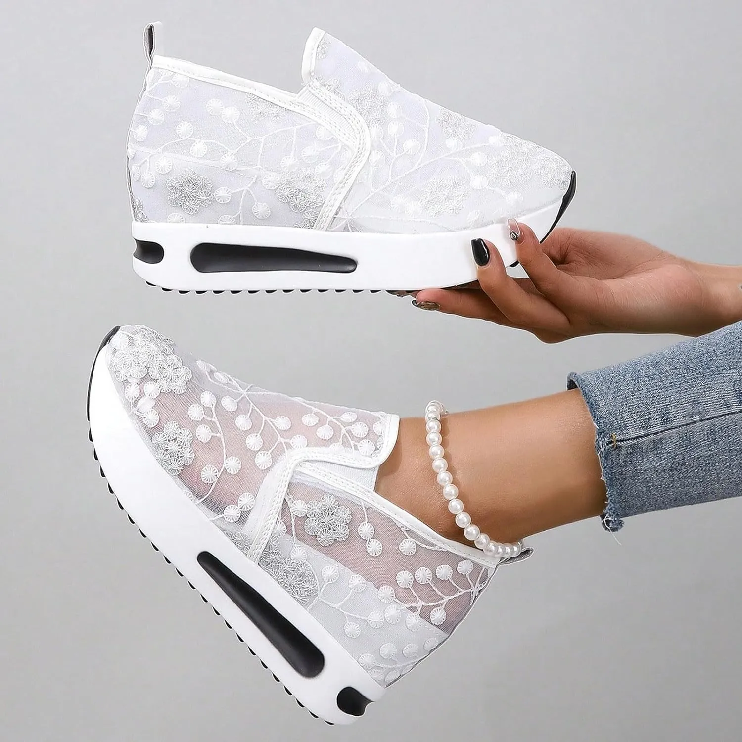 Womenyiaor Platform Wedge Sneakers for Women Dressy, Women's Fashion Sneakers 2024 Floral Embroidery Breathable Sheer Mesh High Heel Slip on Sneakers Casual Comfortable Walking Shoes