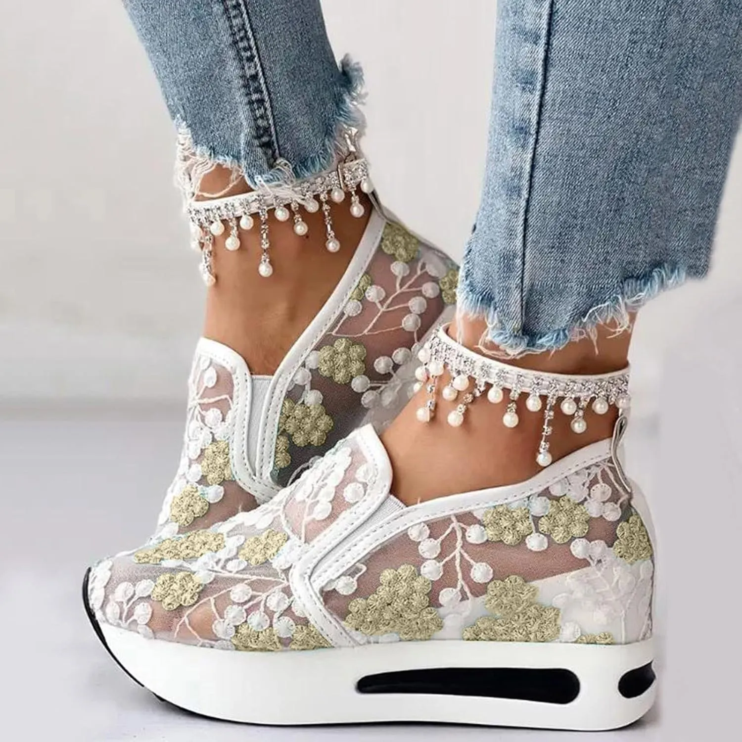 Womenyiaor Platform Wedge Sneakers for Women Dressy, Women's Fashion Sneakers 2024 Floral Embroidery Breathable Sheer Mesh High Heel Slip on Sneakers Casual Comfortable Walking Shoes