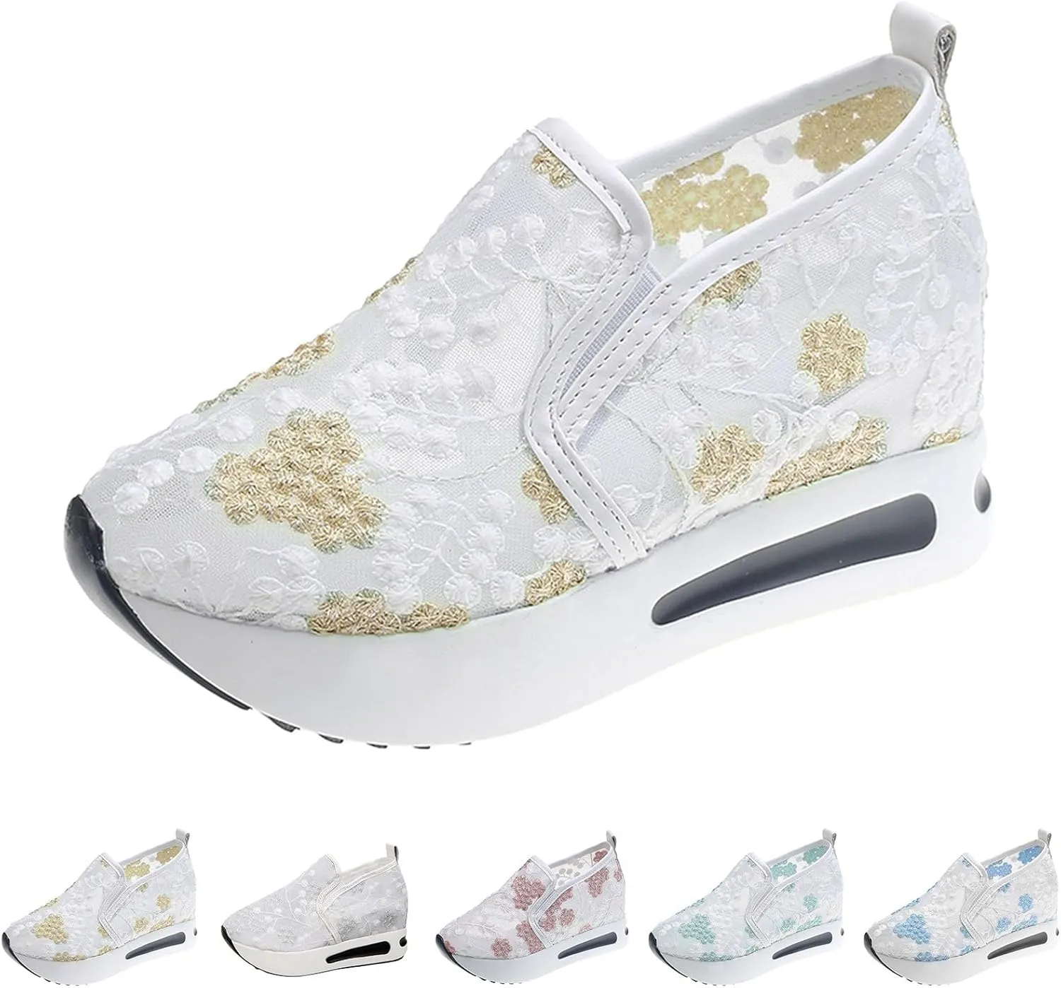 Womenyiaor Platform Wedge Sneakers for Women Dressy, Women's Fashion Sneakers 2024 Floral Embroidery Breathable Sheer Mesh High Heel Slip on Sneakers Casual Comfortable Walking Shoes