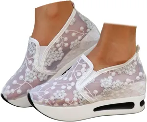 Womenyiaor Platform Wedge Sneakers for Women Dressy, Women's Fashion Sneakers 2024 Floral Embroidery Breathable Sheer Mesh High Heel Slip on Sneakers Casual Comfortable Walking Shoes