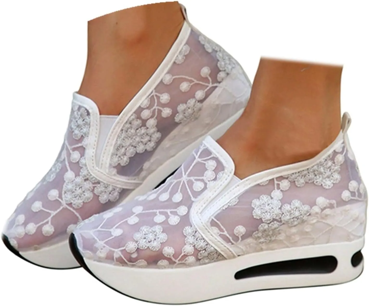 Womenyiaor Platform Wedge Sneakers for Women Dressy, Women's Fashion Sneakers 2024 Floral Embroidery Breathable Sheer Mesh High Heel Slip on Sneakers Casual Comfortable Walking Shoes