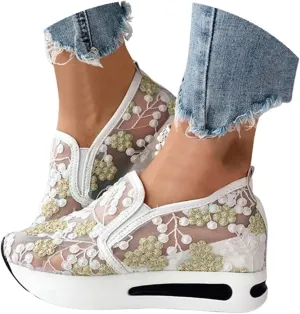 Womenyiaor Platform Wedge Sneakers for Women Dressy, Women's Fashion Sneakers 2024 Floral Embroidery Breathable Sheer Mesh High Heel Slip on Sneakers Casual Comfortable Walking Shoes