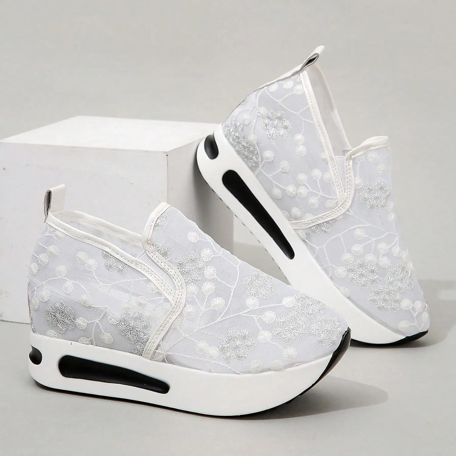 Womenyiaor Platform Wedge Sneakers for Women Dressy, Women's Fashion Sneakers 2024 Floral Embroidery Breathable Sheer Mesh High Heel Slip on Sneakers Casual Comfortable Walking Shoes
