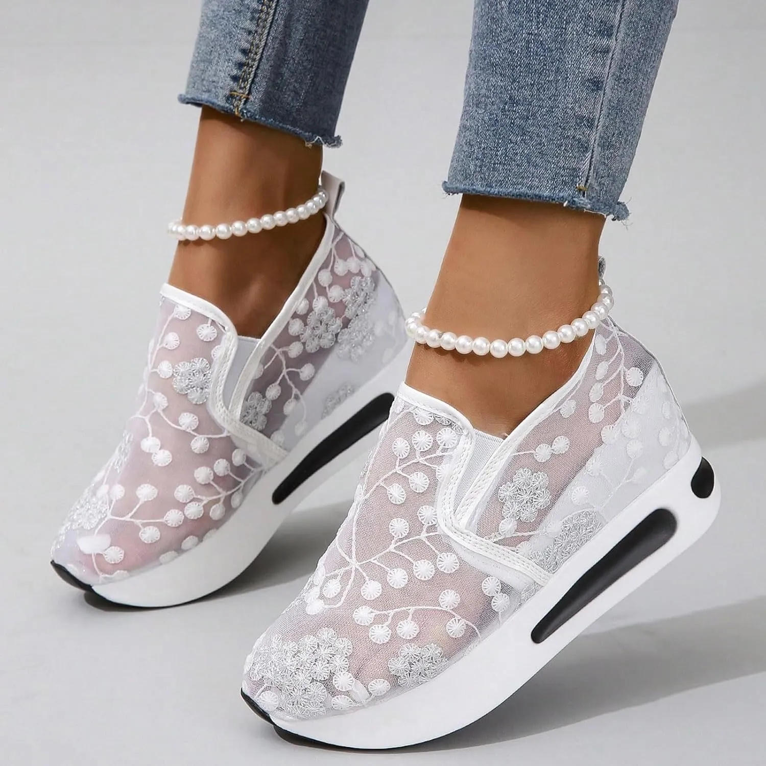 Womenyiaor Platform Wedge Sneakers for Women Dressy, Women's Fashion Sneakers 2024 Floral Embroidery Breathable Sheer Mesh High Heel Slip on Sneakers Casual Comfortable Walking Shoes