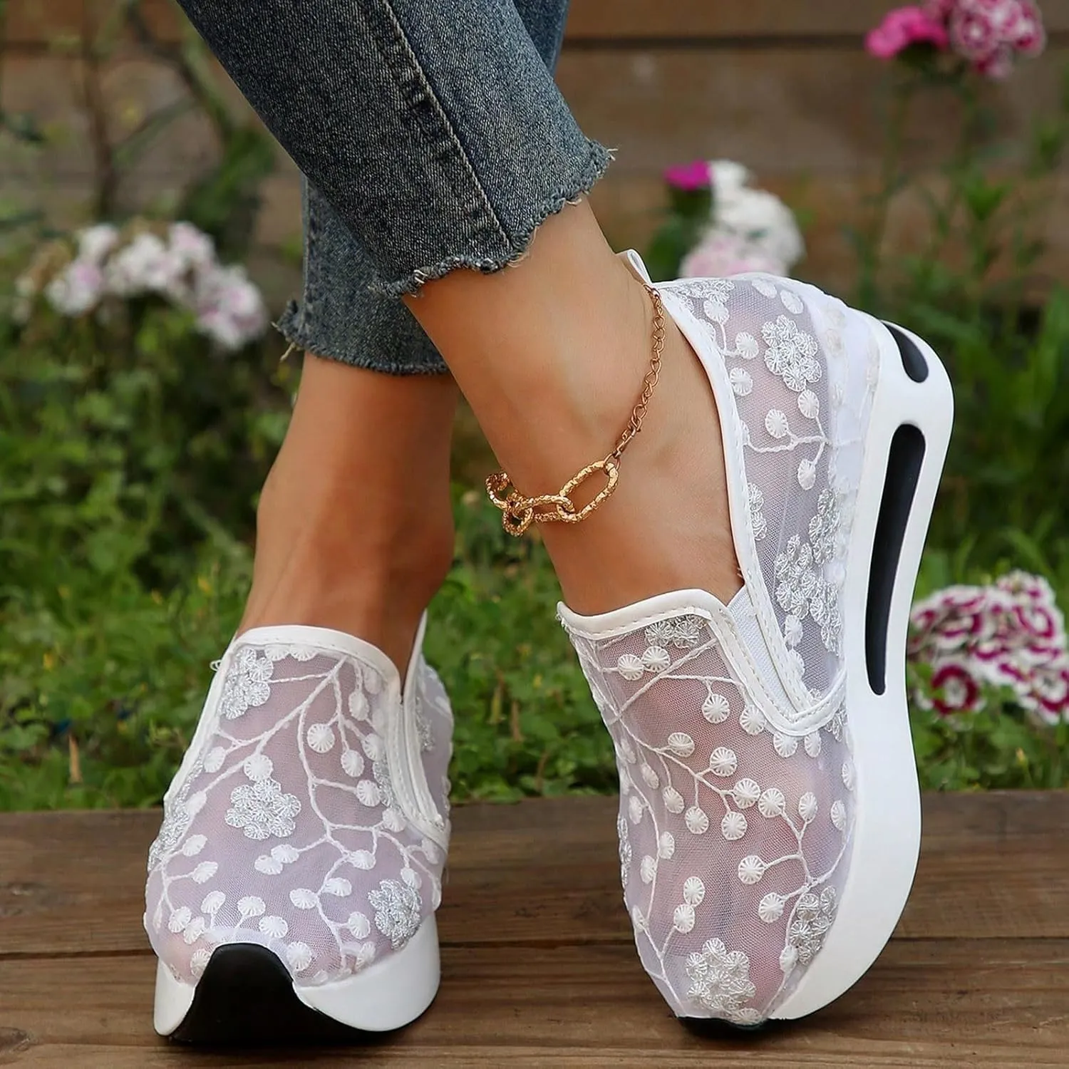 Womenyiaor Platform Wedge Sneakers for Women Dressy, Women's Fashion Sneakers 2024 Floral Embroidery Breathable Sheer Mesh High Heel Slip on Sneakers Casual Comfortable Walking Shoes