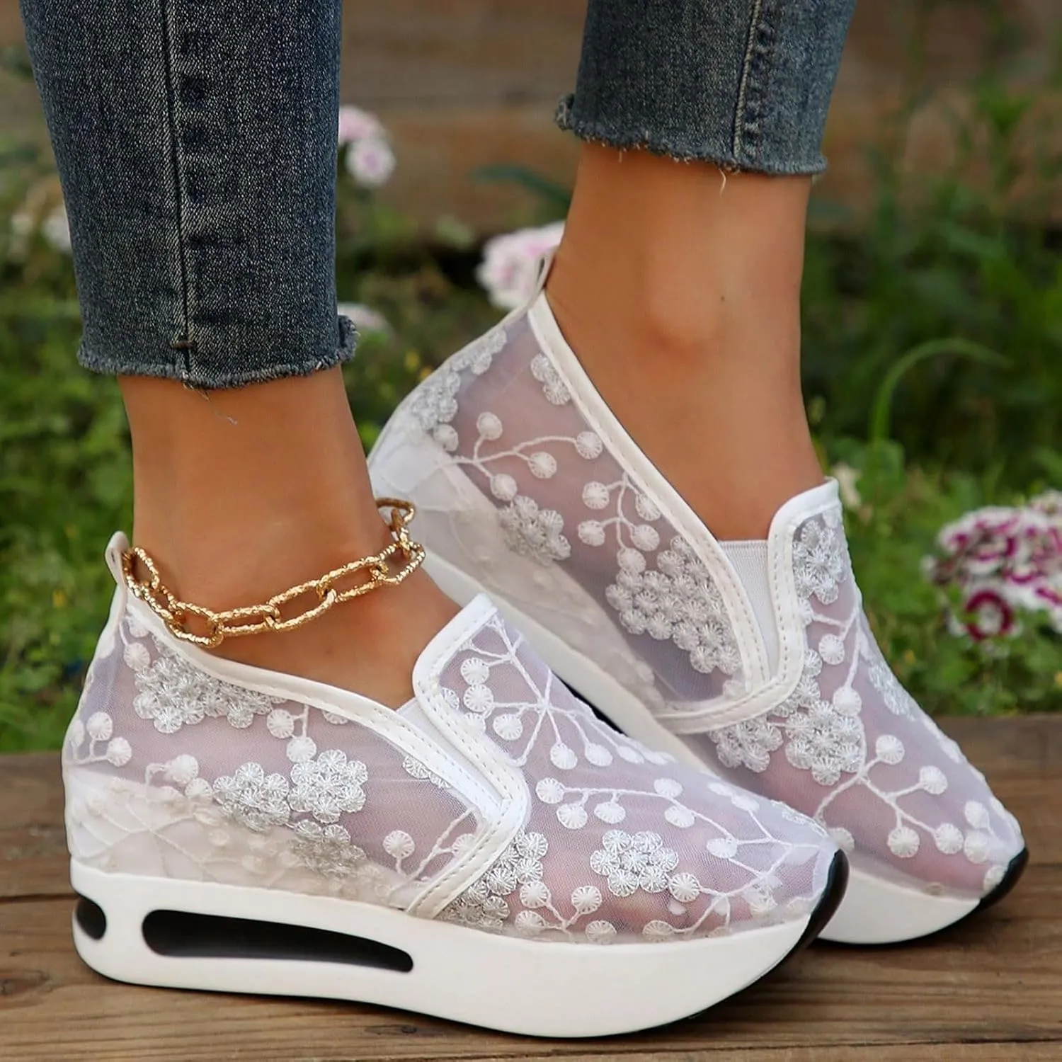 Womenyiaor Platform Wedge Sneakers for Women Dressy, Women's Fashion Sneakers 2024 Floral Embroidery Breathable Sheer Mesh High Heel Slip on Sneakers Casual Comfortable Walking Shoes