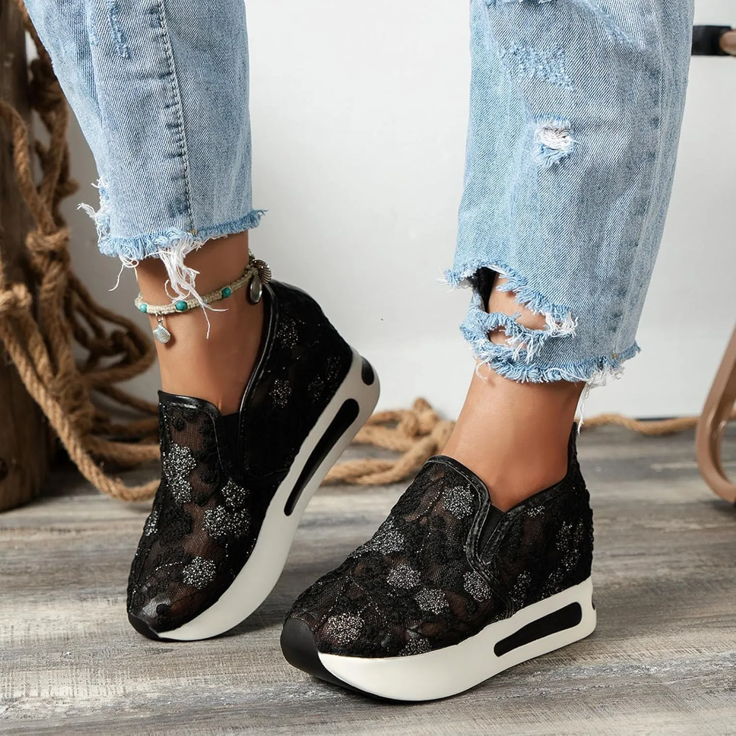 Womenyiaor Women's Fashion Sneakers Dressy Floral Embroidery Sheer Mesh Lace Sneakers Platform Wedge Sneakers for Women Slip on Walking Shoes Loafers Lace up Sneakers Casual Shoes