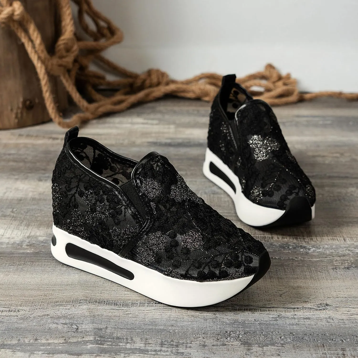 Womenyiaor Women's Fashion Sneakers Dressy Floral Embroidery Sheer Mesh Lace Sneakers Platform Wedge Sneakers for Women Slip on Walking Shoes Loafers Lace up Sneakers Casual Shoes