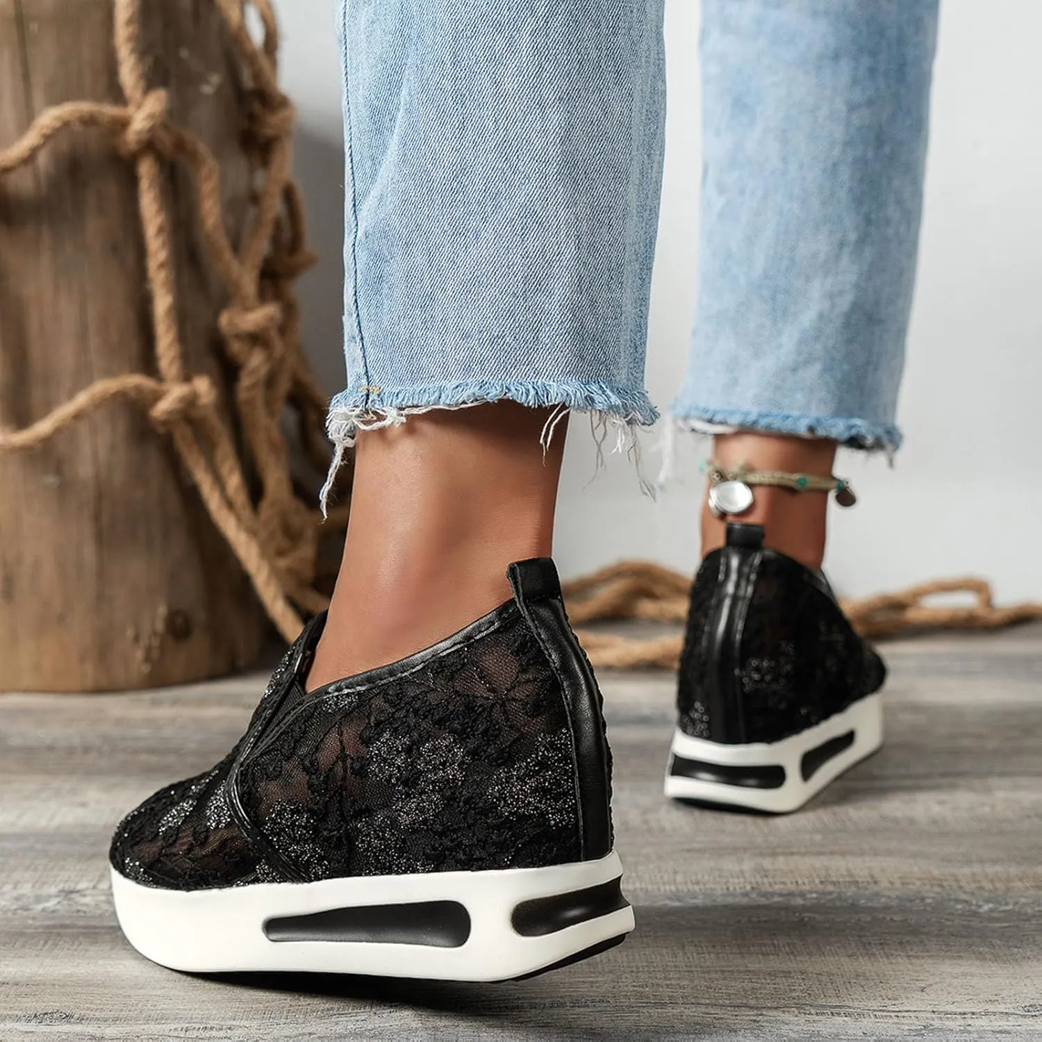 Womenyiaor Women's Fashion Sneakers Dressy Floral Embroidery Sheer Mesh Lace Sneakers Platform Wedge Sneakers for Women Slip on Walking Shoes Loafers Lace up Sneakers Casual Shoes