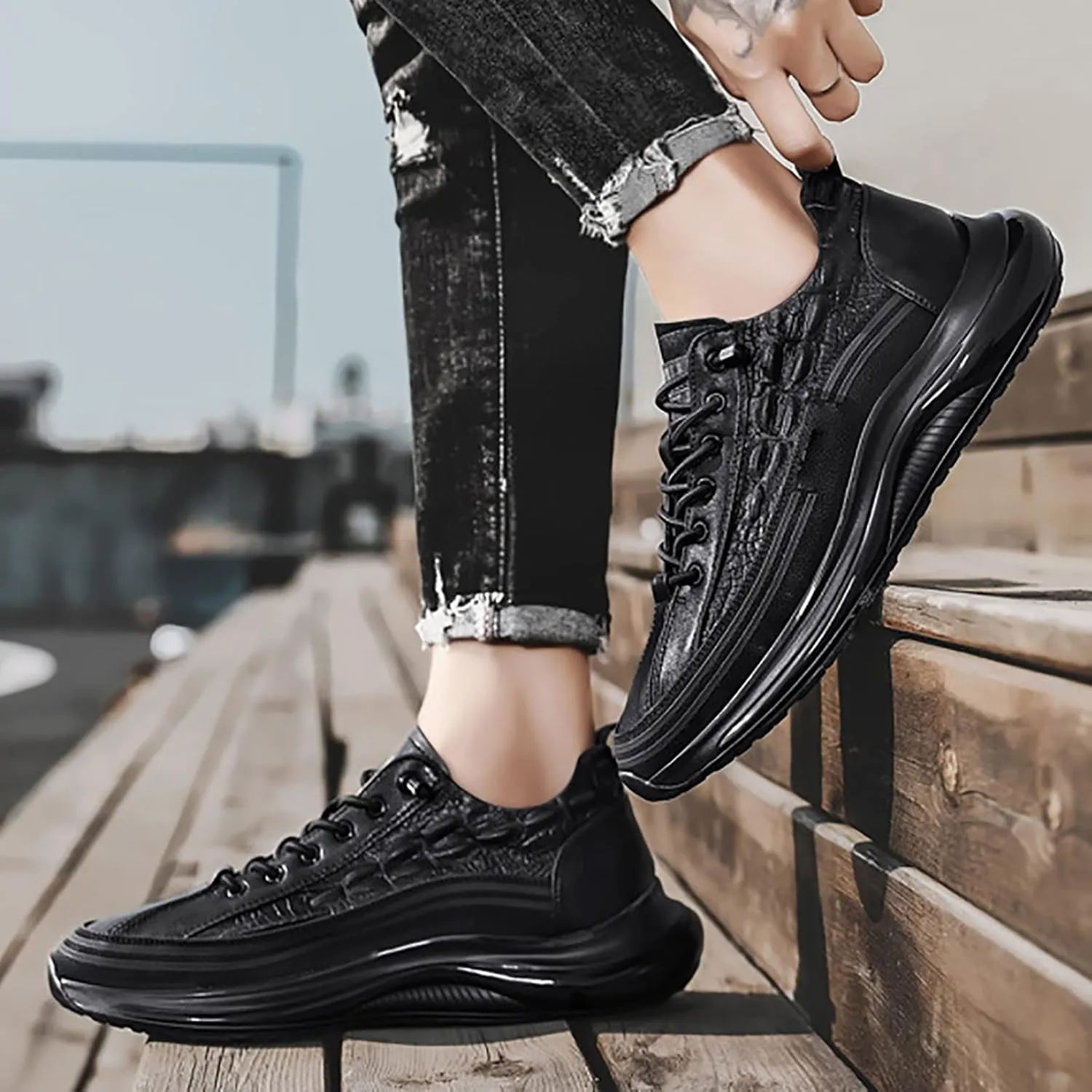 XIRUJNFD Men's Casual Cowhide Air Cushion Shoes, Cowhide Crocodile Print Sneakers, Spring Non-Slip Cowhide Business Shoes, Mens Casual Cowhide Air Cushion Shoes (Black,8.5)