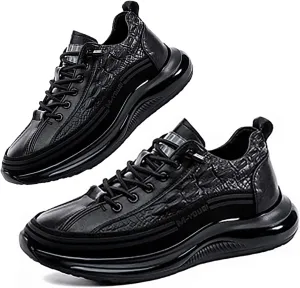 XIRUJNFD Men's Casual Cowhide Air Cushion Shoes, Cowhide Crocodile Print Sneakers, Spring Non-Slip Cowhide Business Shoes, Mens Casual Cowhide Air Cushion Shoes (Black,8.5)