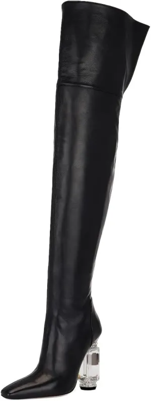 XYD Closed Square Toe Thigh High Boots for Women Thick Thighs Rhinestone Crystal Gems Block Heels Back Zip Ladies Chic Event Formal Party Shoes