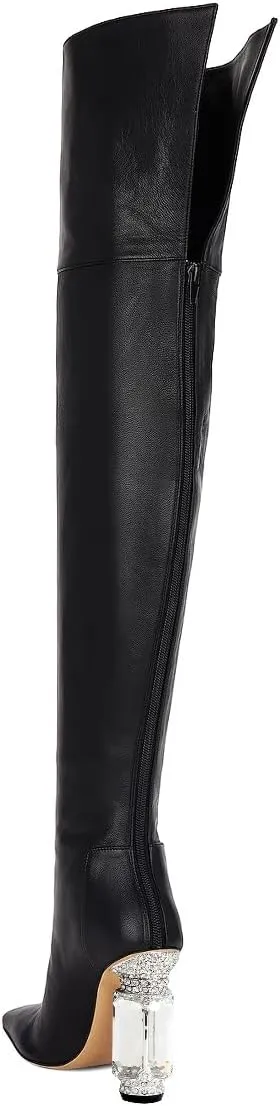 XYD Closed Square Toe Thigh High Boots for Women Thick Thighs Rhinestone Crystal Gems Block Heels Back Zip Ladies Chic Event Formal Party Shoes