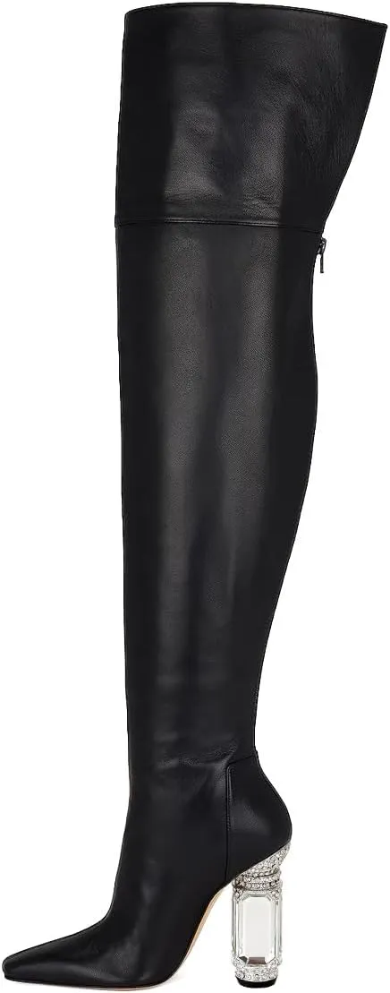 XYD Closed Square Toe Thigh High Boots for Women Thick Thighs Rhinestone Crystal Gems Block Heels Back Zip Ladies Chic Event Formal Party Shoes