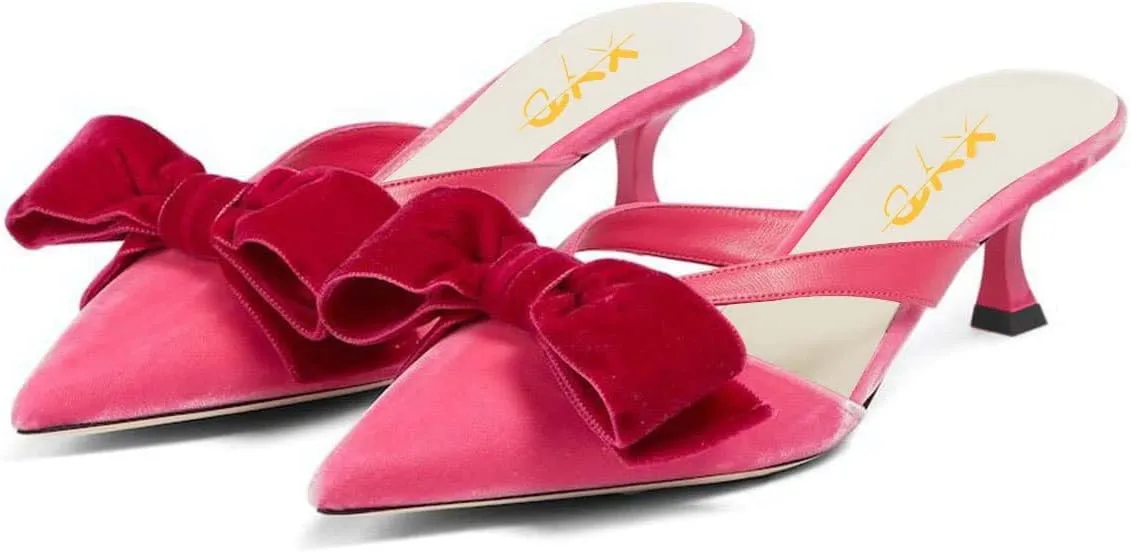 XYD Women Bowknot Closed Pointed Toe Mule Sandals Mid Kitten Heel Slip On Slide Slippers Evening Party Shoes