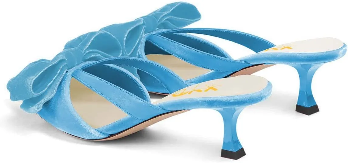 XYD Women Bowknot Closed Pointed Toe Mule Sandals Mid Kitten Heel Slip On Slide Slippers Evening Party Shoes