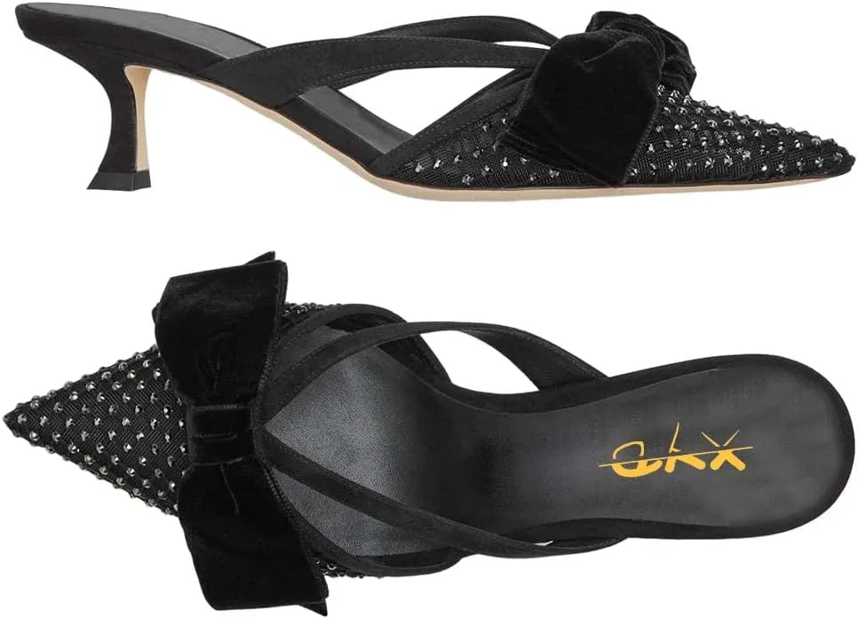 XYD Women Bowknot Closed Pointed Toe Mule Sandals Mid Kitten Heel Slip On Slide Slippers Evening Party Shoes