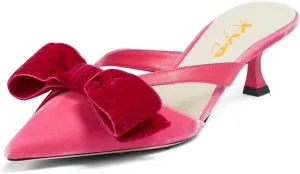 XYD Women Bowknot Closed Pointed Toe Mule Sandals Mid Kitten Heel Slip On Slide Slippers Evening Party Shoes