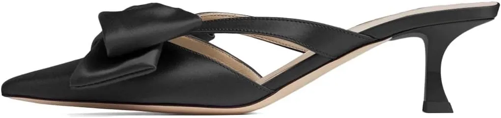XYD Women Bowknot Closed Pointed Toe Mule Sandals Mid Kitten Heel Slip On Slide Slippers Evening Party Shoes