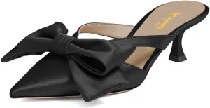 XYD Women Bowknot Closed Pointed Toe Mule Sandals Mid Kitten Heel Slip On Slide Slippers Evening Party Shoes