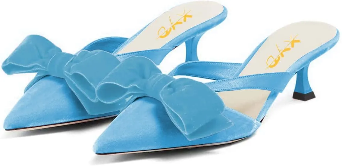 XYD Women Bowknot Closed Pointed Toe Mule Sandals Mid Kitten Heel Slip On Slide Slippers Evening Party Shoes