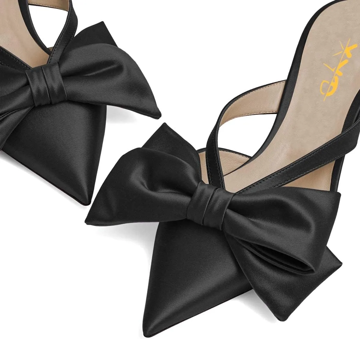 XYD Women Bowknot Closed Pointed Toe Mule Sandals Mid Kitten Heel Slip On Slide Slippers Evening Party Shoes