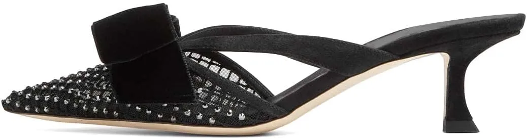 XYD Women Bowknot Closed Pointed Toe Mule Sandals Mid Kitten Heel Slip On Slide Slippers Evening Party Shoes