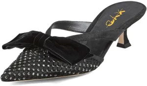 XYD Women Bowknot Closed Pointed Toe Mule Sandals Mid Kitten Heel Slip On Slide Slippers Evening Party Shoes