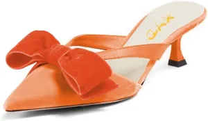 XYD Women Bowknot Closed Pointed Toe Mule Sandals Mid Kitten Heel Slip On Slide Slippers Evening Party Shoes