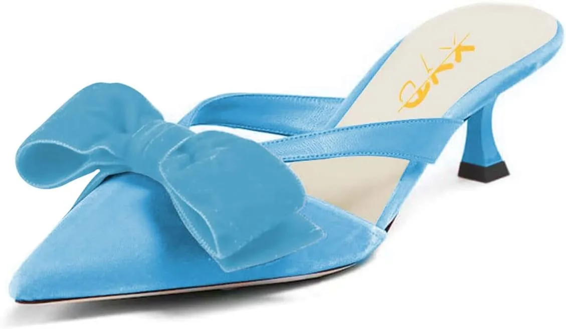 XYD Women Bowknot Closed Pointed Toe Mule Sandals Mid Kitten Heel Slip On Slide Slippers Evening Party Shoes
