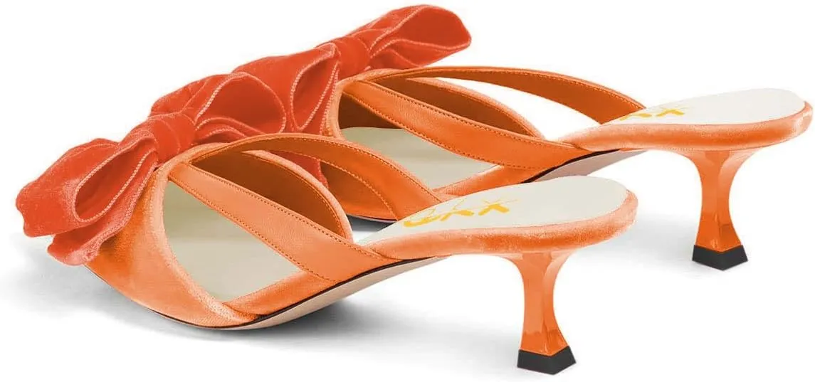 XYD Women Bowknot Closed Pointed Toe Mule Sandals Mid Kitten Heel Slip On Slide Slippers Evening Party Shoes