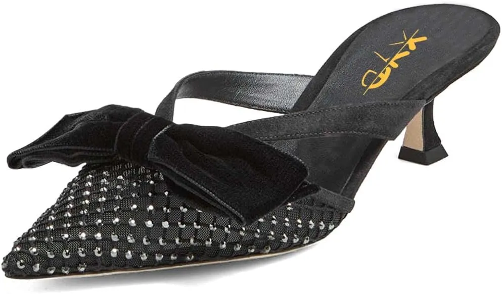 XYD Women Bowknot Closed Pointed Toe Mule Sandals Mid Kitten Heel Slip On Slide Slippers Evening Party Shoes
