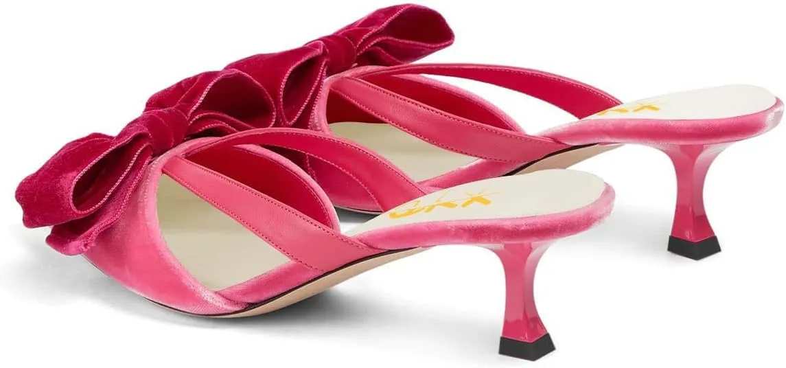 XYD Women Bowknot Closed Pointed Toe Mule Sandals Mid Kitten Heel Slip On Slide Slippers Evening Party Shoes