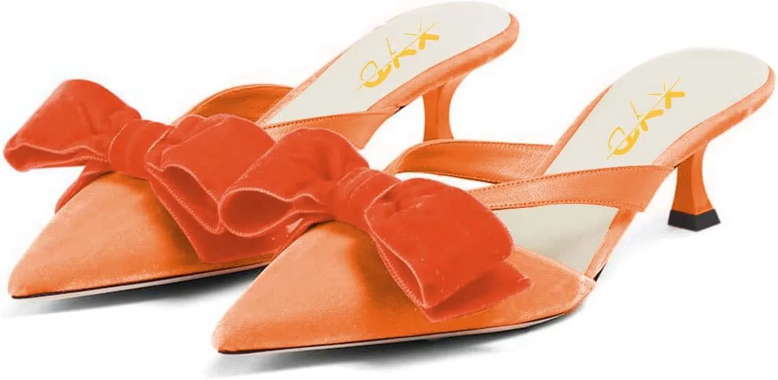 XYD Women Bowknot Closed Pointed Toe Mule Sandals Mid Kitten Heel Slip On Slide Slippers Evening Party Shoes