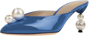 XYD Women Closed Pointed Toe Slip On Mules Glossy Pearls Diamond Crystal Mid Heels Slides Pumps Stylish Wedding Party Shoes