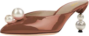 XYD Women Closed Pointed Toe Slip On Mules Glossy Pearls Diamond Crystal Mid Heels Slides Pumps Stylish Wedding Party Shoes