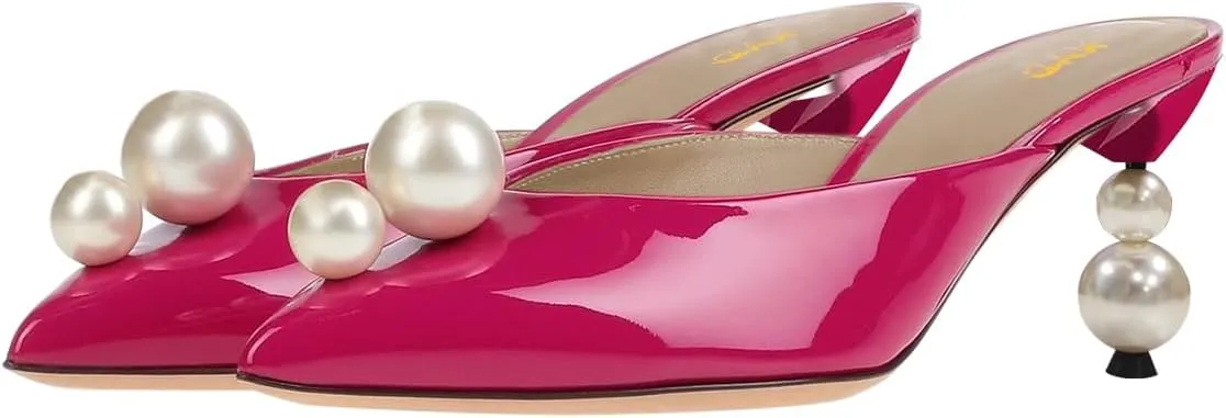 XYD Women Closed Pointed Toe Slip On Mules Glossy Pearls Diamond Crystal Mid Heels Slides Pumps Stylish Wedding Party Shoes