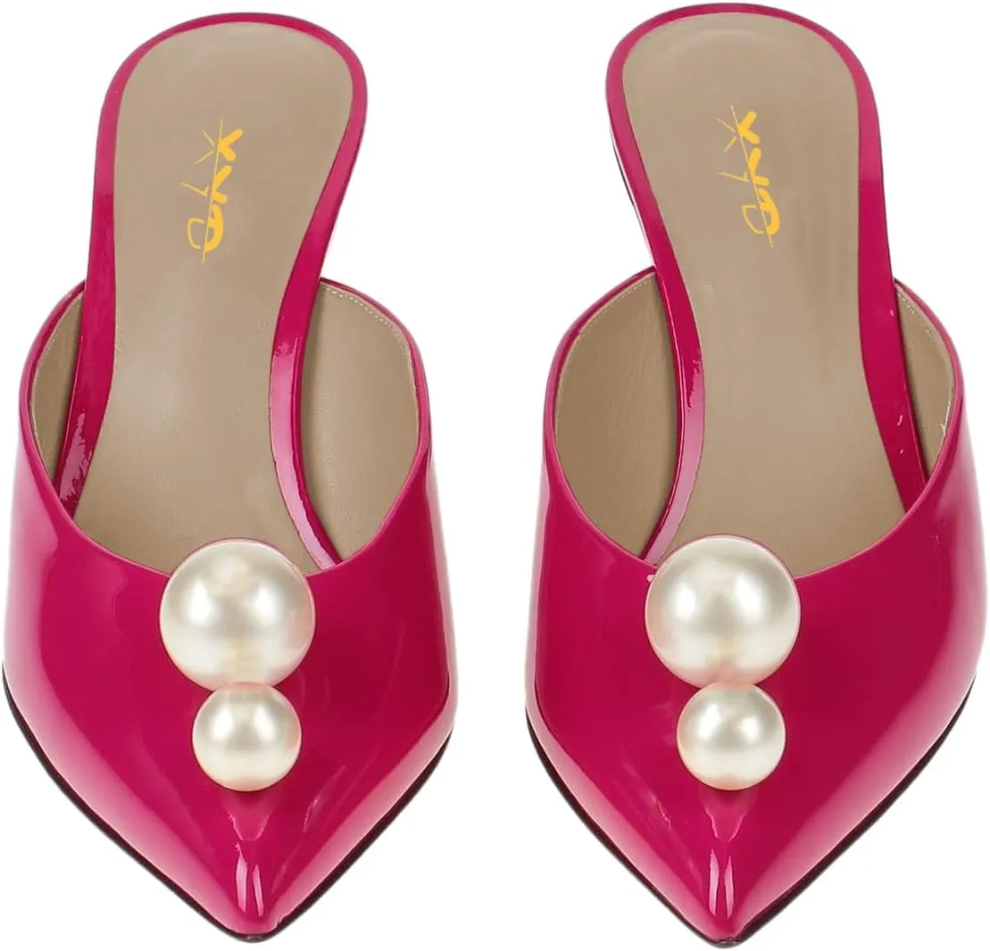 XYD Women Closed Pointed Toe Slip On Mules Glossy Pearls Diamond Crystal Mid Heels Slides Pumps Stylish Wedding Party Shoes