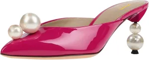 XYD Women Closed Pointed Toe Slip On Mules Glossy Pearls Diamond Crystal Mid Heels Slides Pumps Stylish Wedding Party Shoes