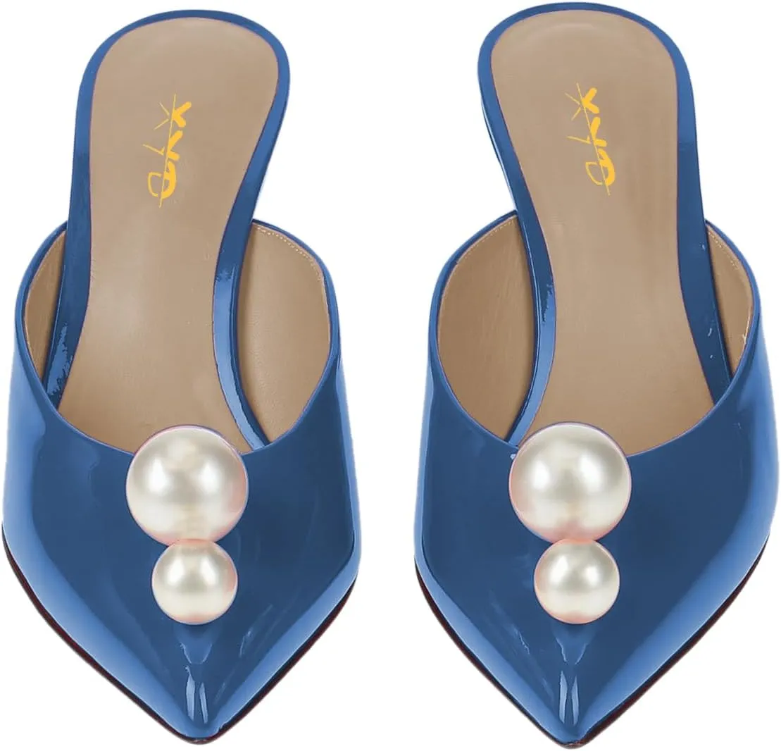 XYD Women Closed Pointed Toe Slip On Mules Glossy Pearls Diamond Crystal Mid Heels Slides Pumps Stylish Wedding Party Shoes