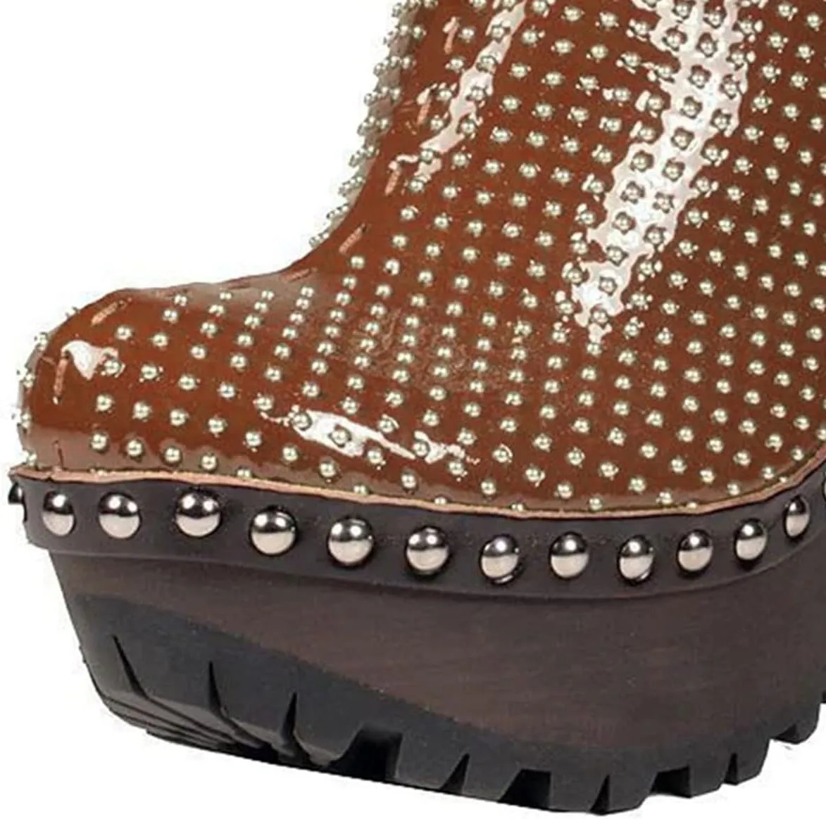 XYD Women Cork Platform High Heel Studded Mules Chunky Block Glossy Pumps Chic Studs Closed Round Toe Slides Fashion Nightclub Shoes