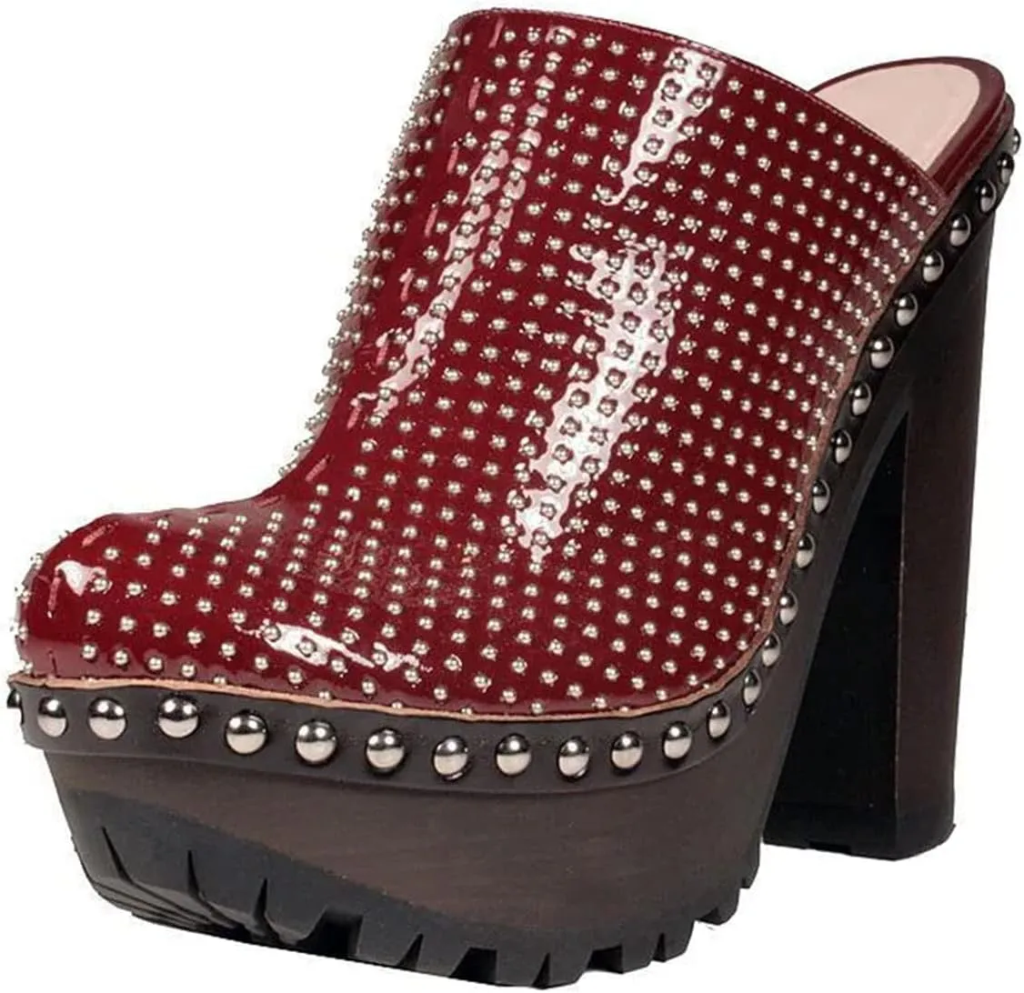 XYD Women Cork Platform High Heel Studded Mules Chunky Block Glossy Pumps Chic Studs Closed Round Toe Slides Fashion Nightclub Shoes