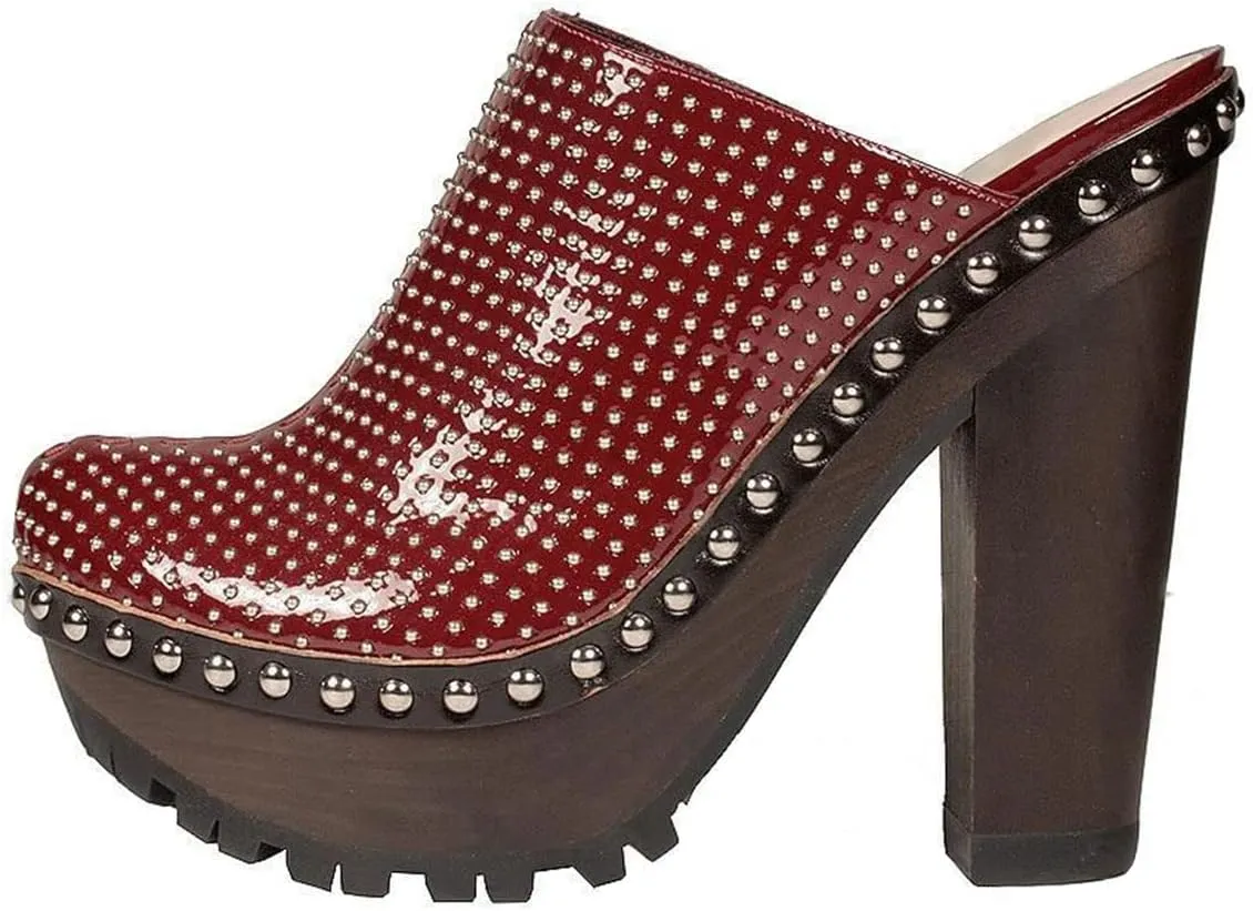 XYD Women Cork Platform High Heel Studded Mules Chunky Block Glossy Pumps Chic Studs Closed Round Toe Slides Fashion Nightclub Shoes