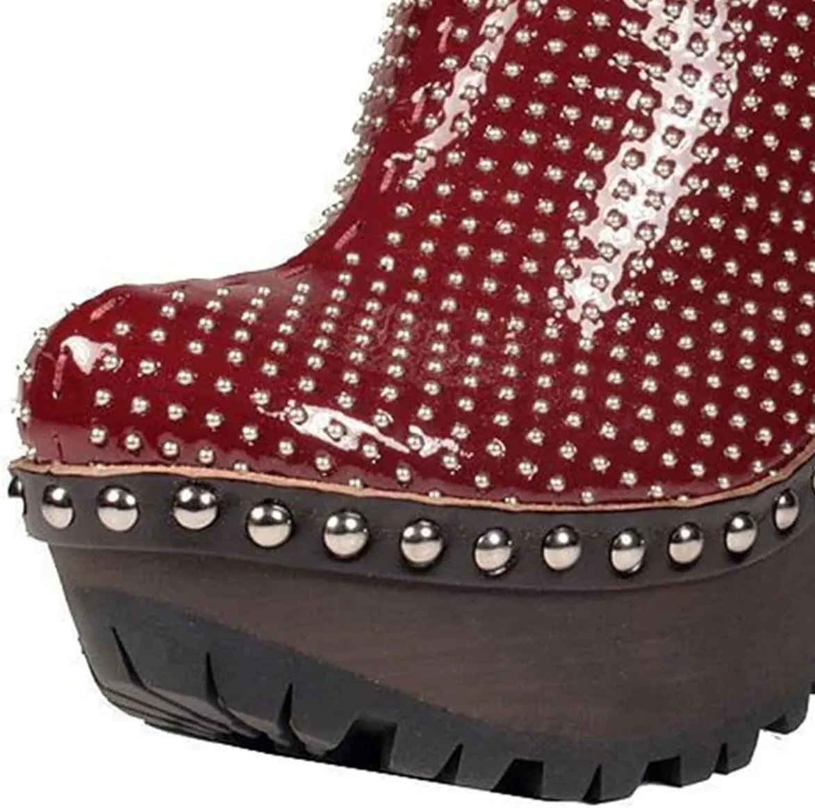XYD Women Cork Platform High Heel Studded Mules Chunky Block Glossy Pumps Chic Studs Closed Round Toe Slides Fashion Nightclub Shoes