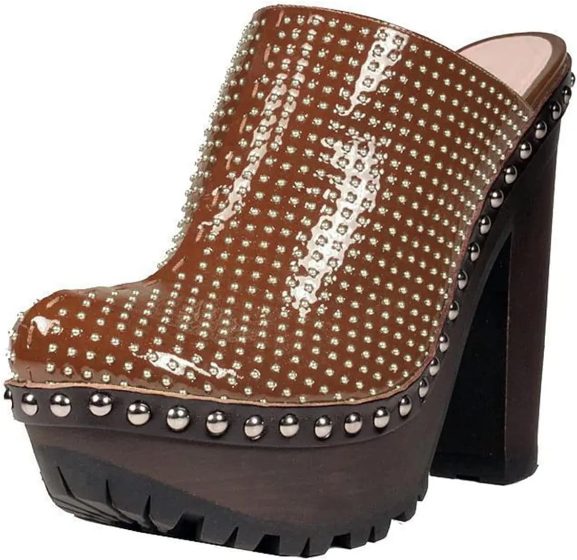 XYD Women Cork Platform High Heel Studded Mules Chunky Block Glossy Pumps Chic Studs Closed Round Toe Slides Fashion Nightclub Shoes